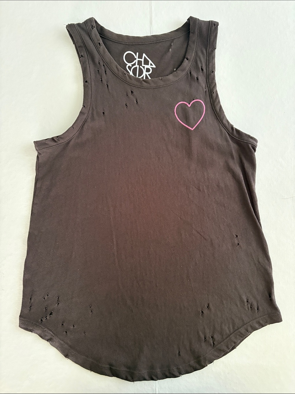 CHA SOR Black Tank Top with Pink Heart. Size Sm
